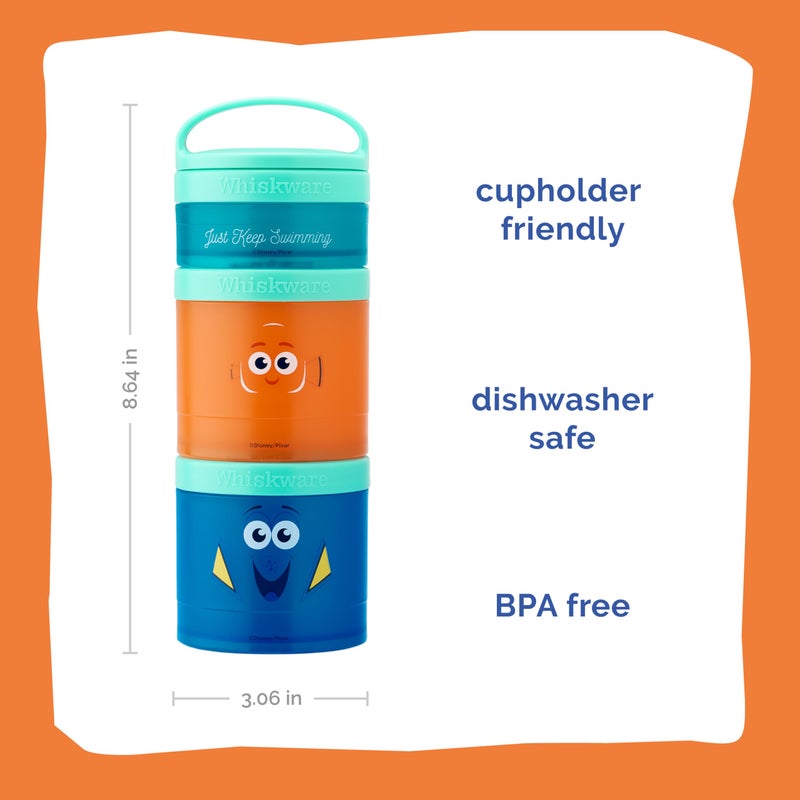 Whiskware Disney Pixar Stackable Snack Containers for Kids, 3 Stackable Snack Cups for School and Travel, Finding Nemo with Nemo and Dory - Image 2